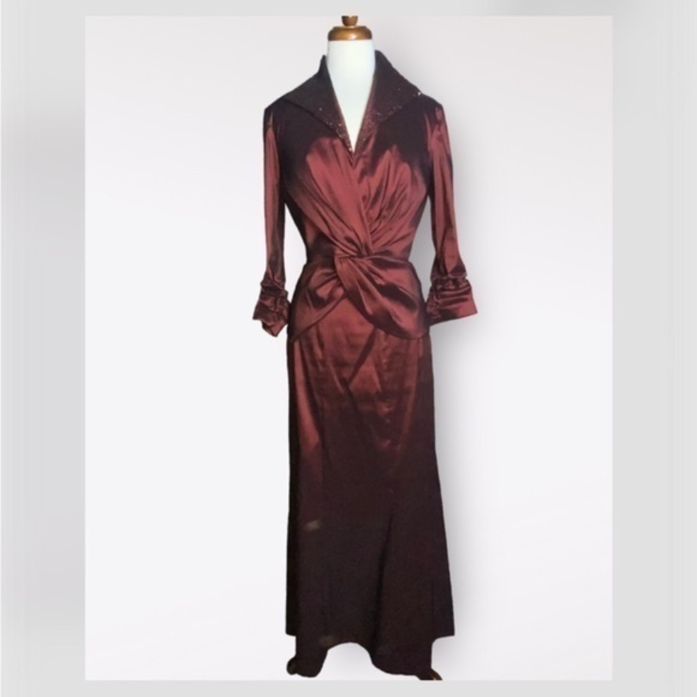 Tadashi Collection Burgundy Wine Taffeta Christmas Party Formal Skirt Set 6